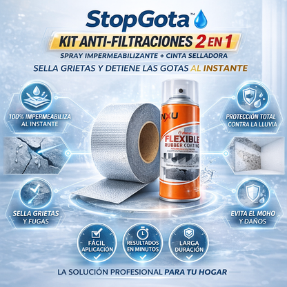 StopGota™- Kit Anti-Filtraciones 2 en 1 (Spray Impermeabilizante + Cinta Selladora) ¡Oferta Solo por Hoy! 🔥