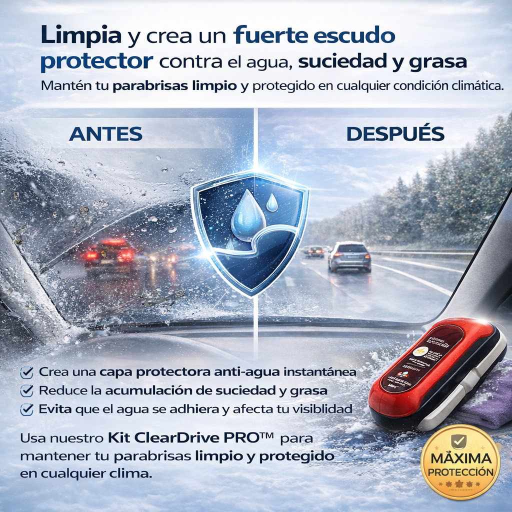 ClearDrive PRO™ Kit 2-en-1 para limpiar y proteger el parabrisas Más visibilidad, menos reflejos y conducción más segura