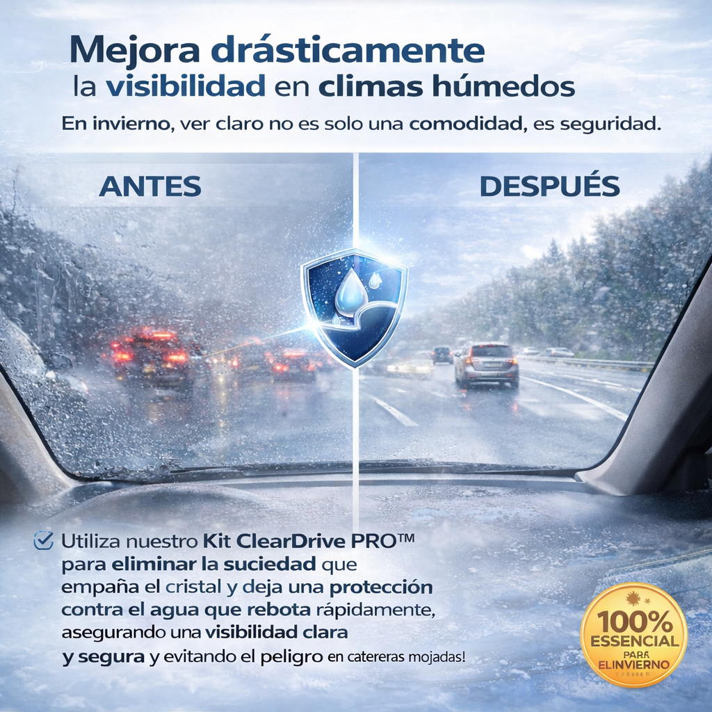 ClearDrive PRO™ Kit 2-en-1 para limpiar y proteger el parabrisas Más visibilidad, menos reflejos y conducción más segura