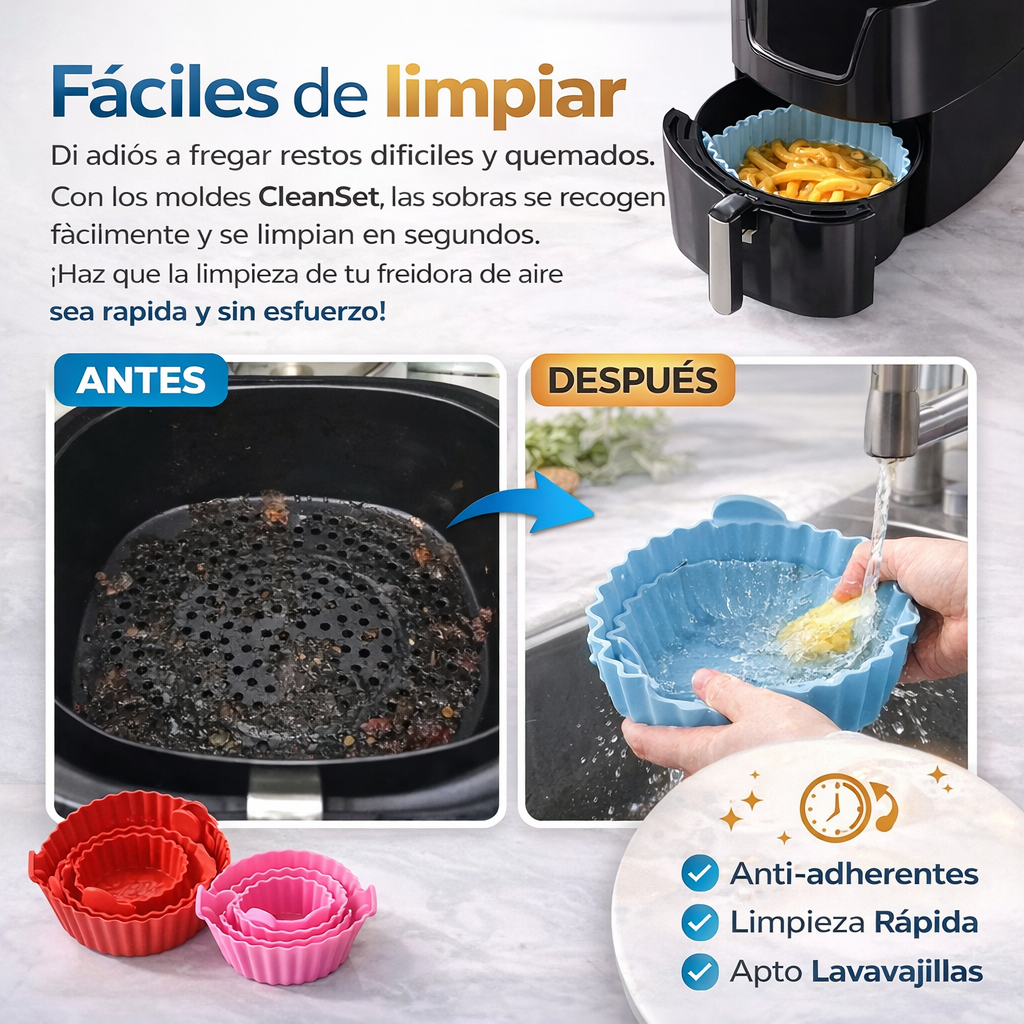 CleanSet 6x1 PROMO™ Moldes Antiadherentes de Silicona para Freidora de Aire